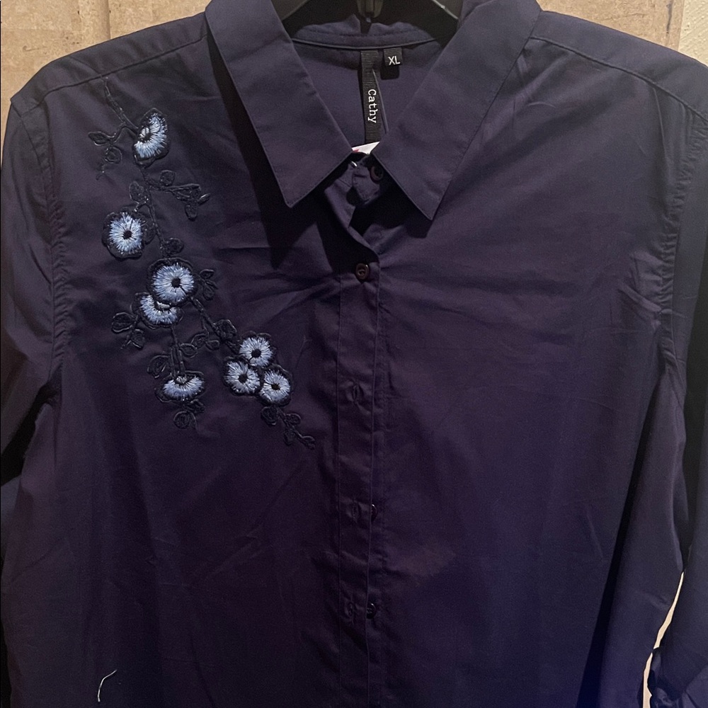 Chaps Navy Blue Embroidered Button Down Shirt